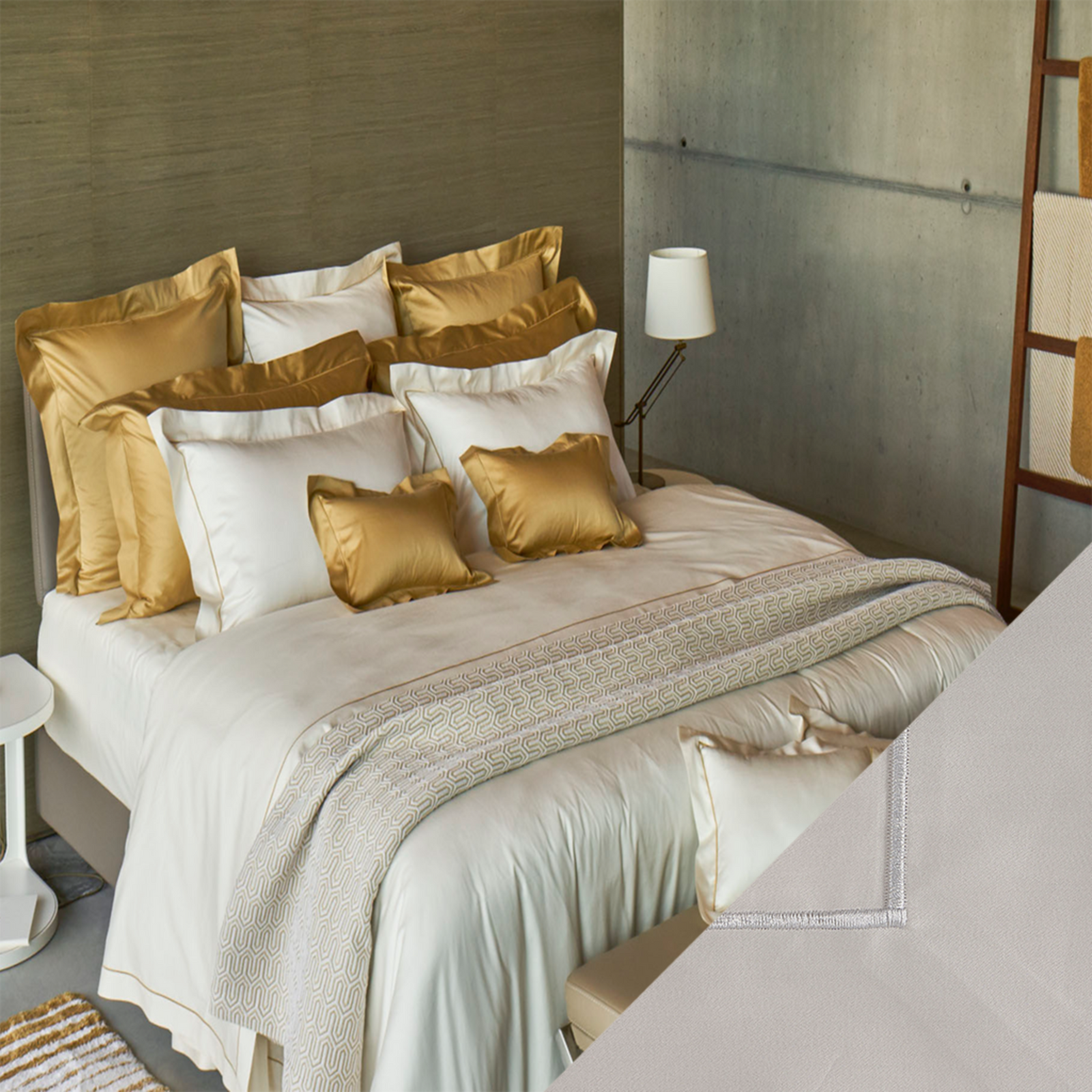 Celso de Lemos Bourdon Bedding Collection with Nacre Swatch