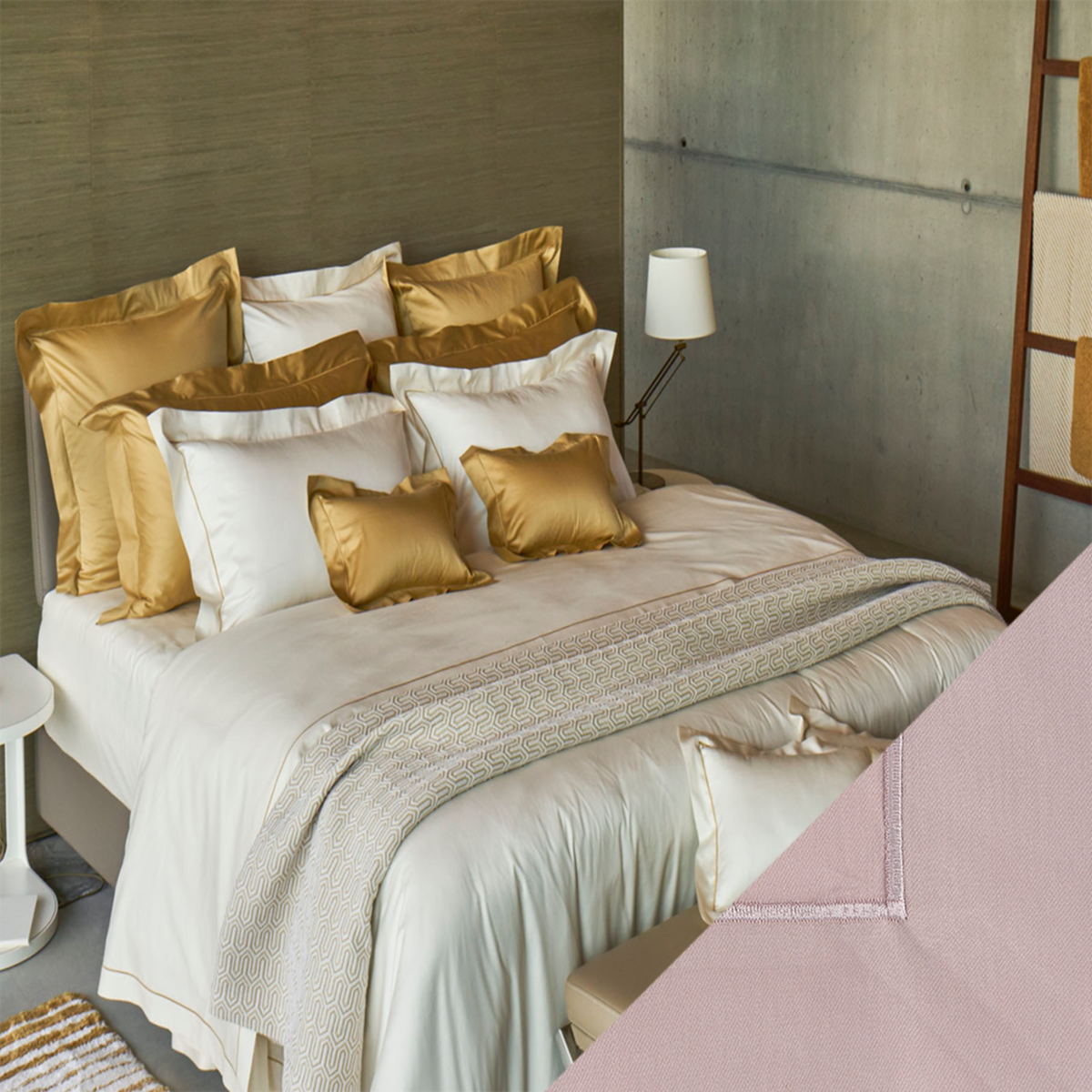 Celso de Lemos Bourdon Bedding Collection with Nuage Rose Swatch