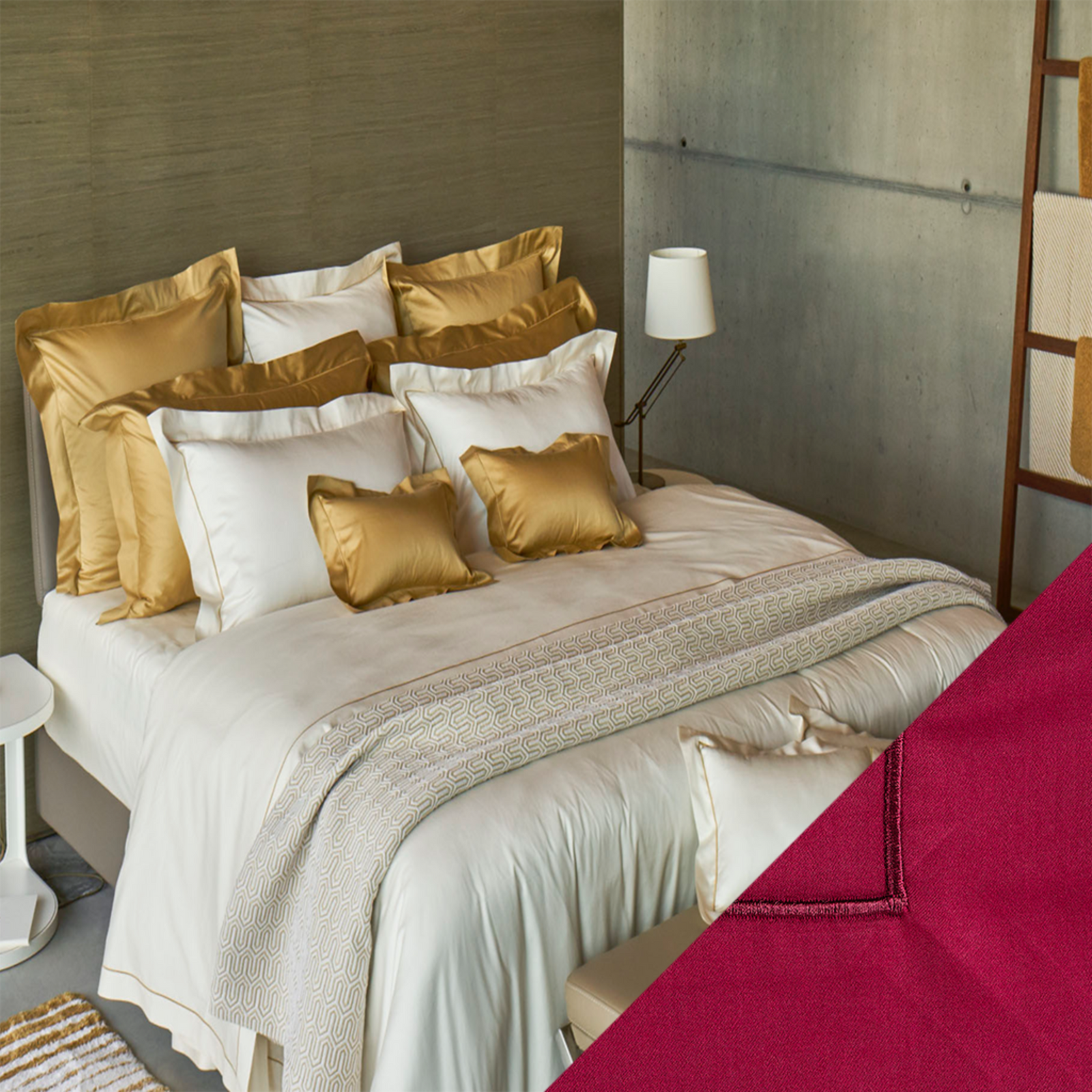 Celso de Lemos Bourdon Bedding Collection with Rubis Swatch