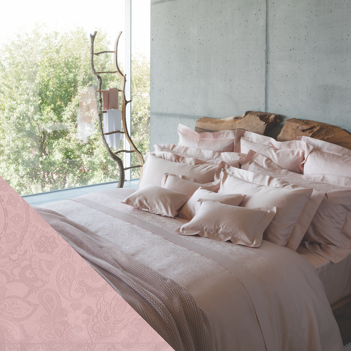 Lifestyle Shot of Full Bed in Celso de Lemos Joanne Collection in Nuage Rose Color