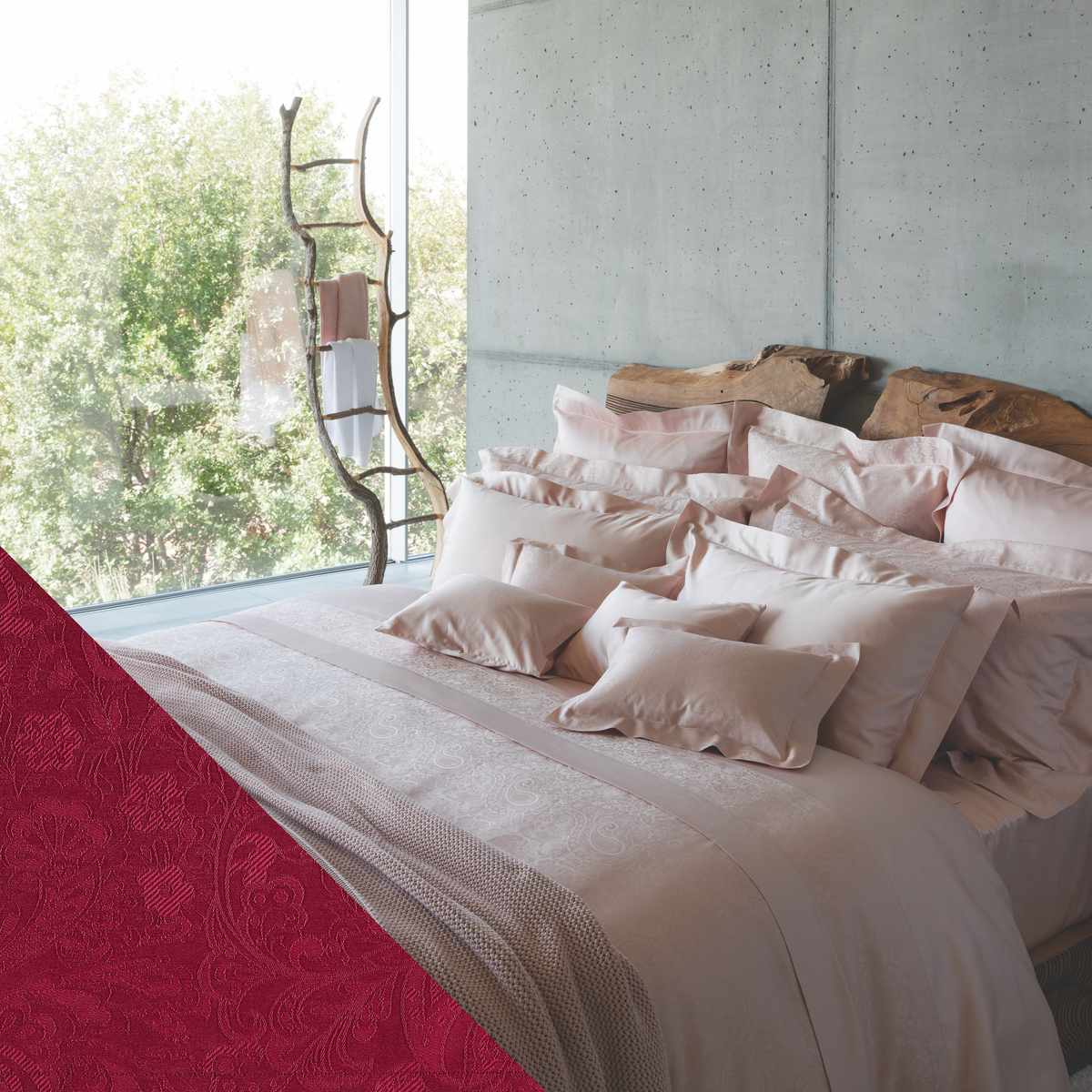 Lifestyle Shot of Full Bed in Celso de Lemos Joanne Collection with Rubis Swatch