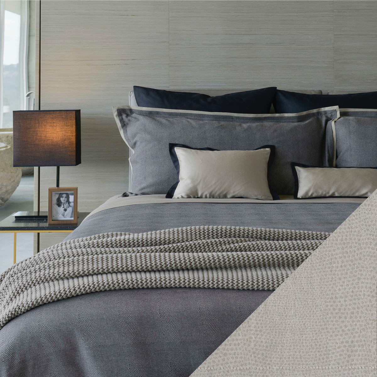 Lifestyle Shot Full Bed in Celso de Lemos Kroco Collection with Glacier Swatch