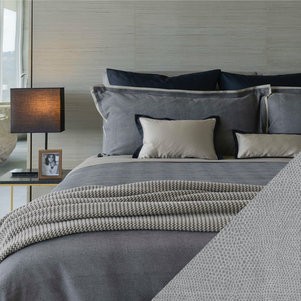Lifestyle Shot Full Bed in Celso de Lemos Kroco Collection with Marbre Swatch