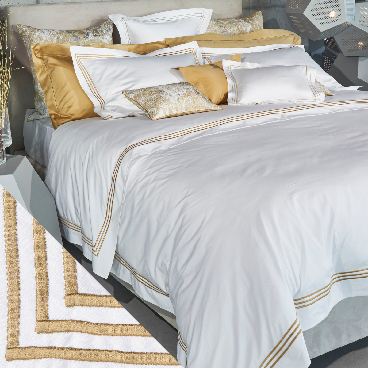 Full Bed Dressed in Celso de Lemos Ram Collection with Gold Swatch