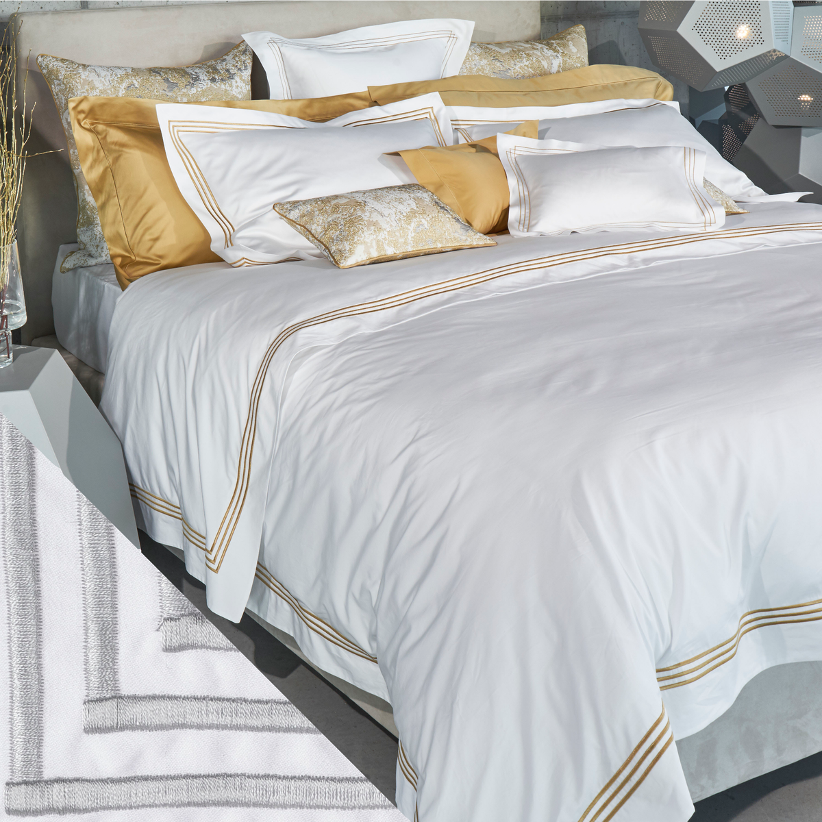 Full Bed Dressed in Celso de Lemos Ram Collection with Silver  Swatch