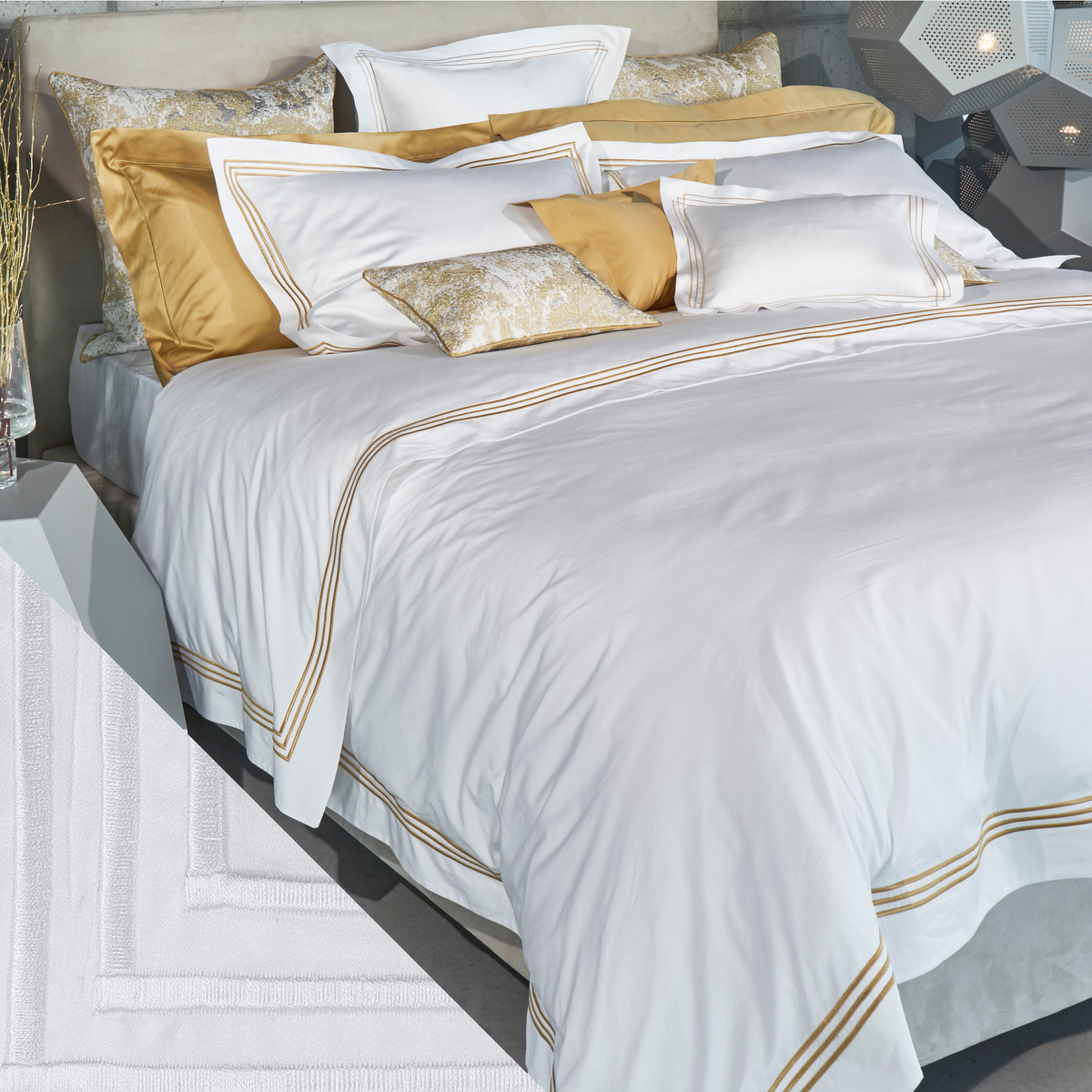 Full Bed Dressed in Celso de Lemos Ram Collection with White Swatch