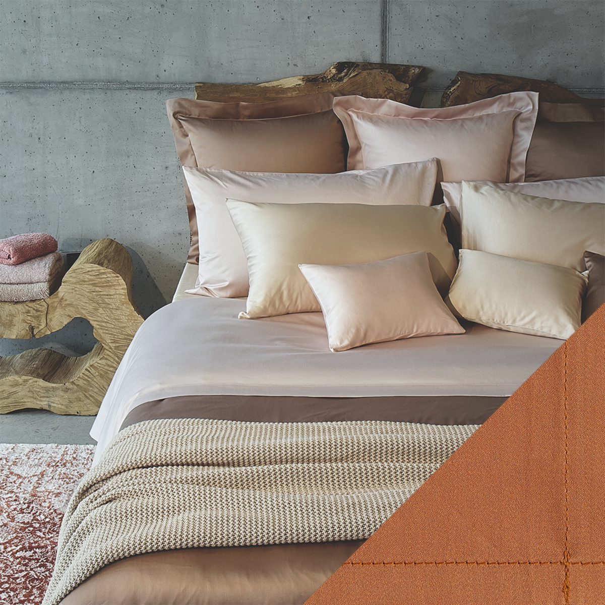Full Bed Dressed in Celso de Lemos Secret Bedding with Caramel Colored Swatch