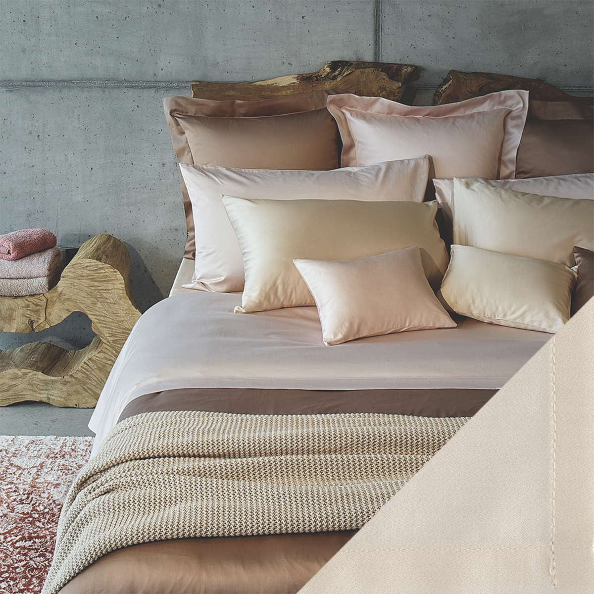 Full Bed Dressed in Celso de Lemos Secret Bedding with Naturel Colored Swatch