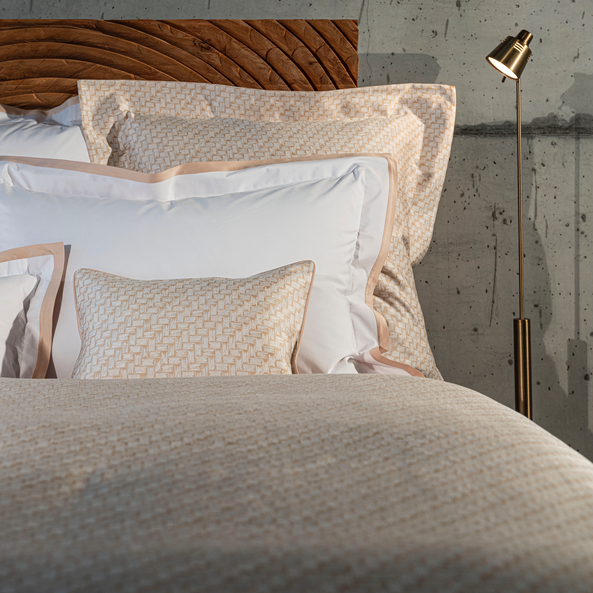 Corner Shot of Full Bed in Celso de Lemos Twined Collection in Powder Color