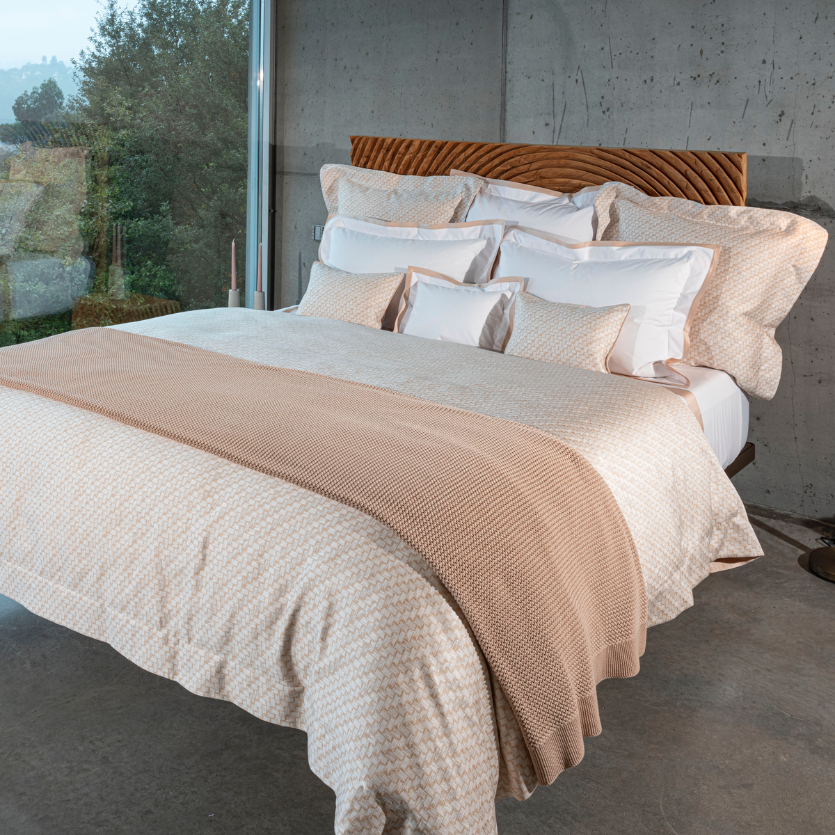 Lifestyle Shot of Full Bed in Celso de Lemos Twined Collection in Powder Color