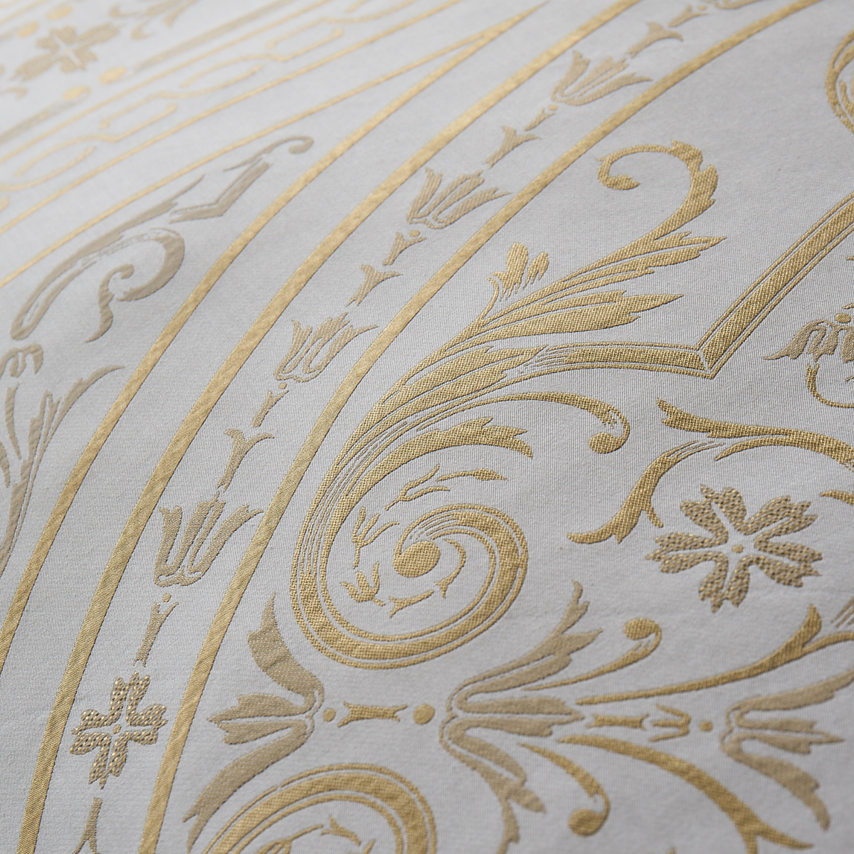 Fine Linen Closeup of Celso de Lemos Versailles Bedding in Miel Color
