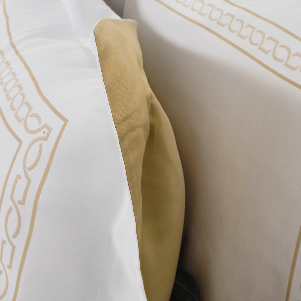 Flange Closeup of Celso de Lemos Versailles Bedding in Miel Color