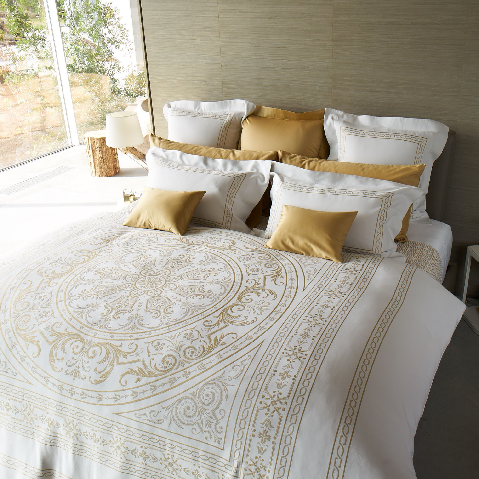Lifestyle Shot of Celso de Lemos Versailles Bedding in Brightly Lit Room