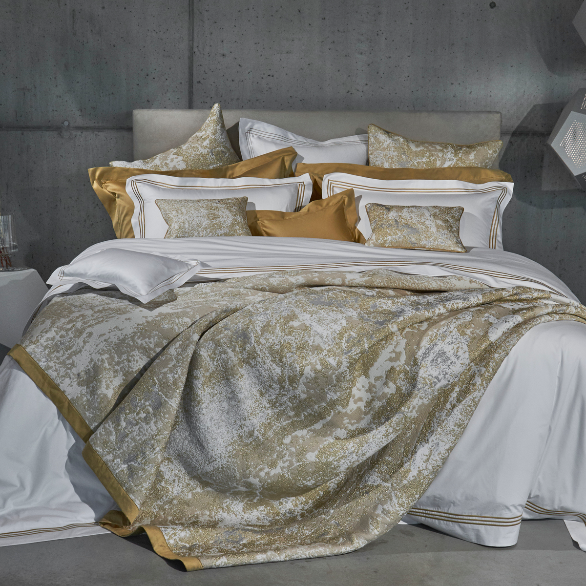Lifestyle Shot of Full Bed in Celso de Lemos Waltz Collection in Miel Color