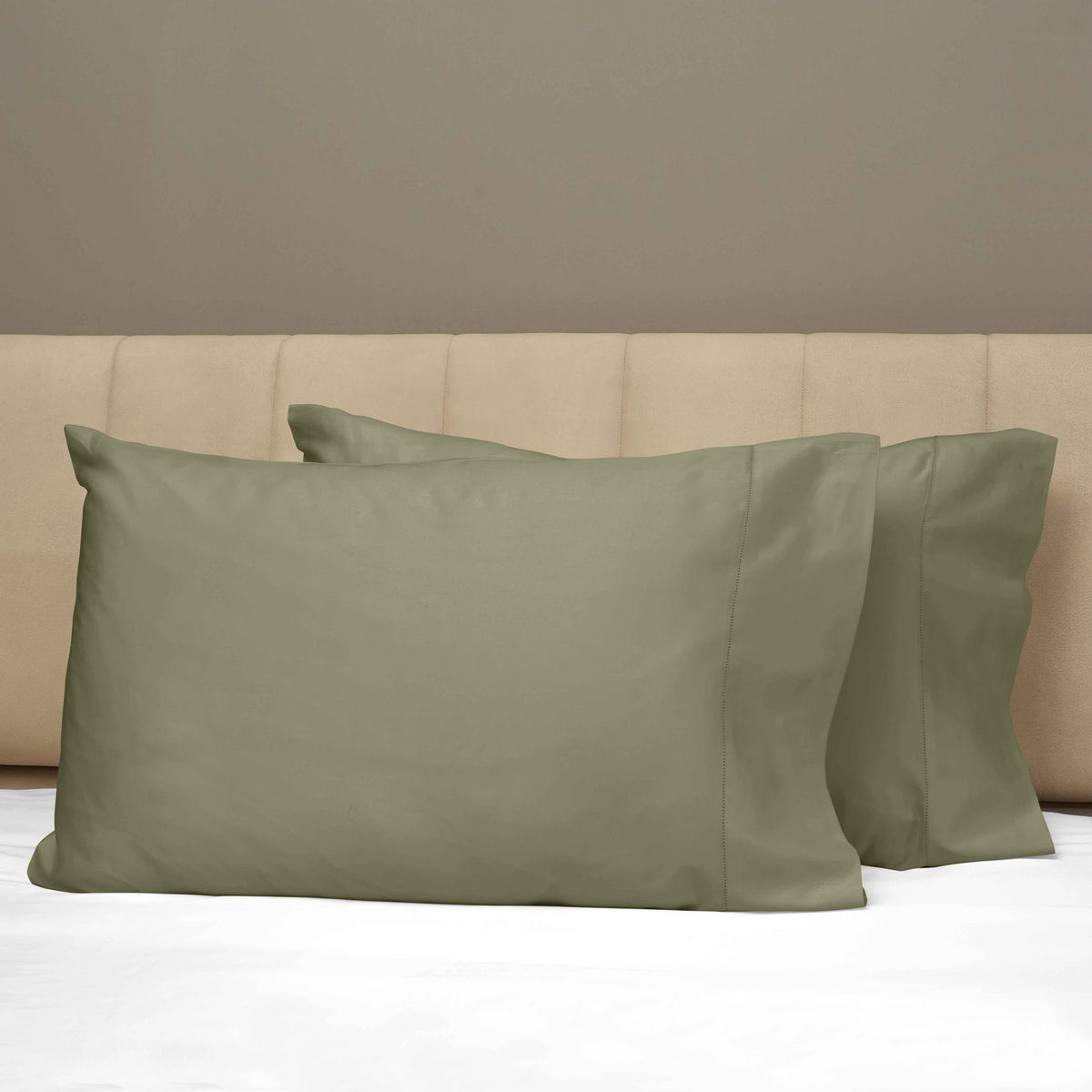 Closeup View of Signoria Raffaello Pillowcases in Olive Green Color
