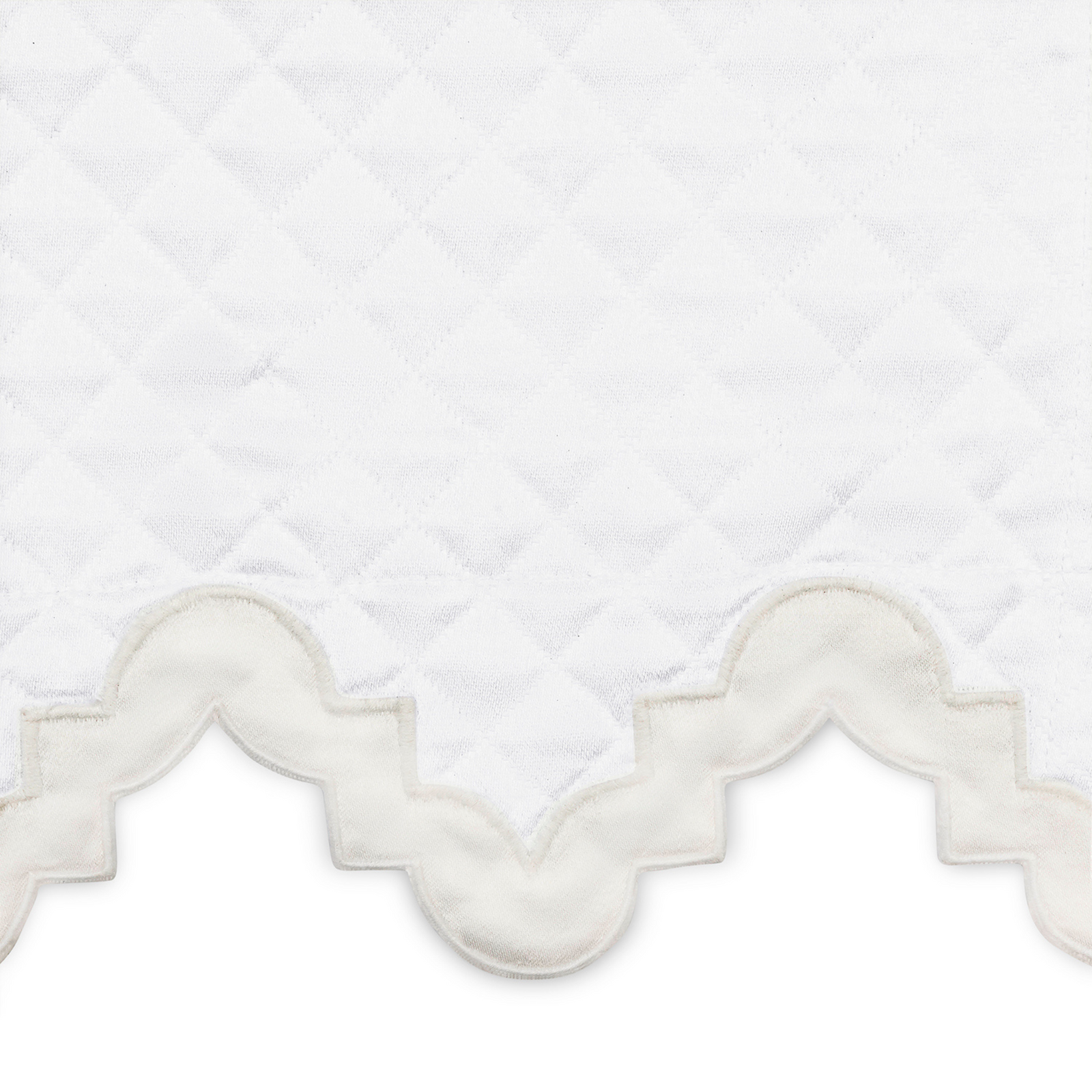 Horizontal View of Matouk Aziza Matelassé Bedding Collection with Swatch in Bone Color