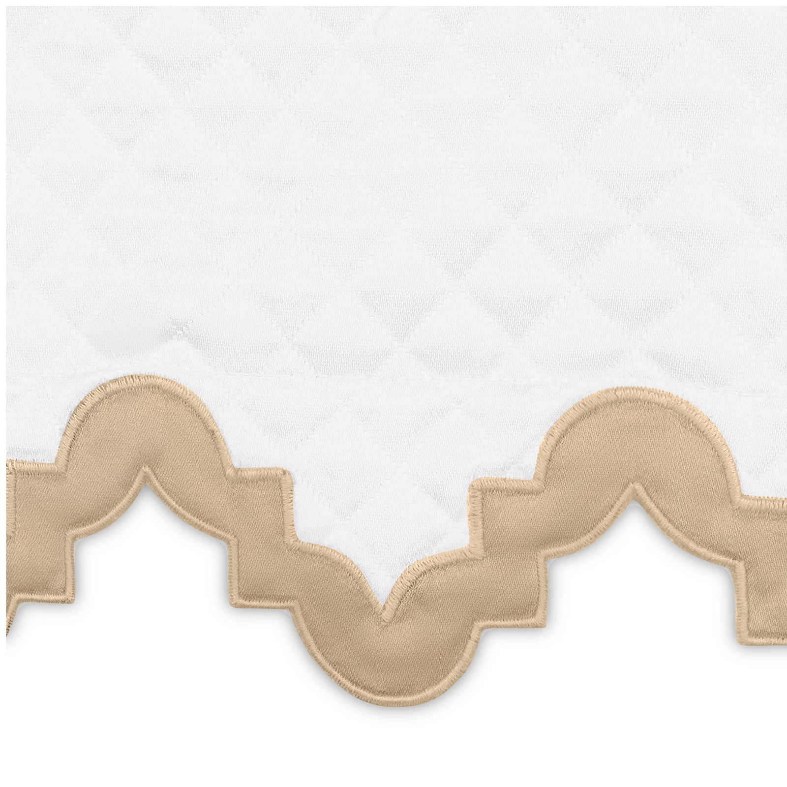 Horizontal View of Matouk Aziza Matelassé Bedding Collection with Swatch in Champagne Color