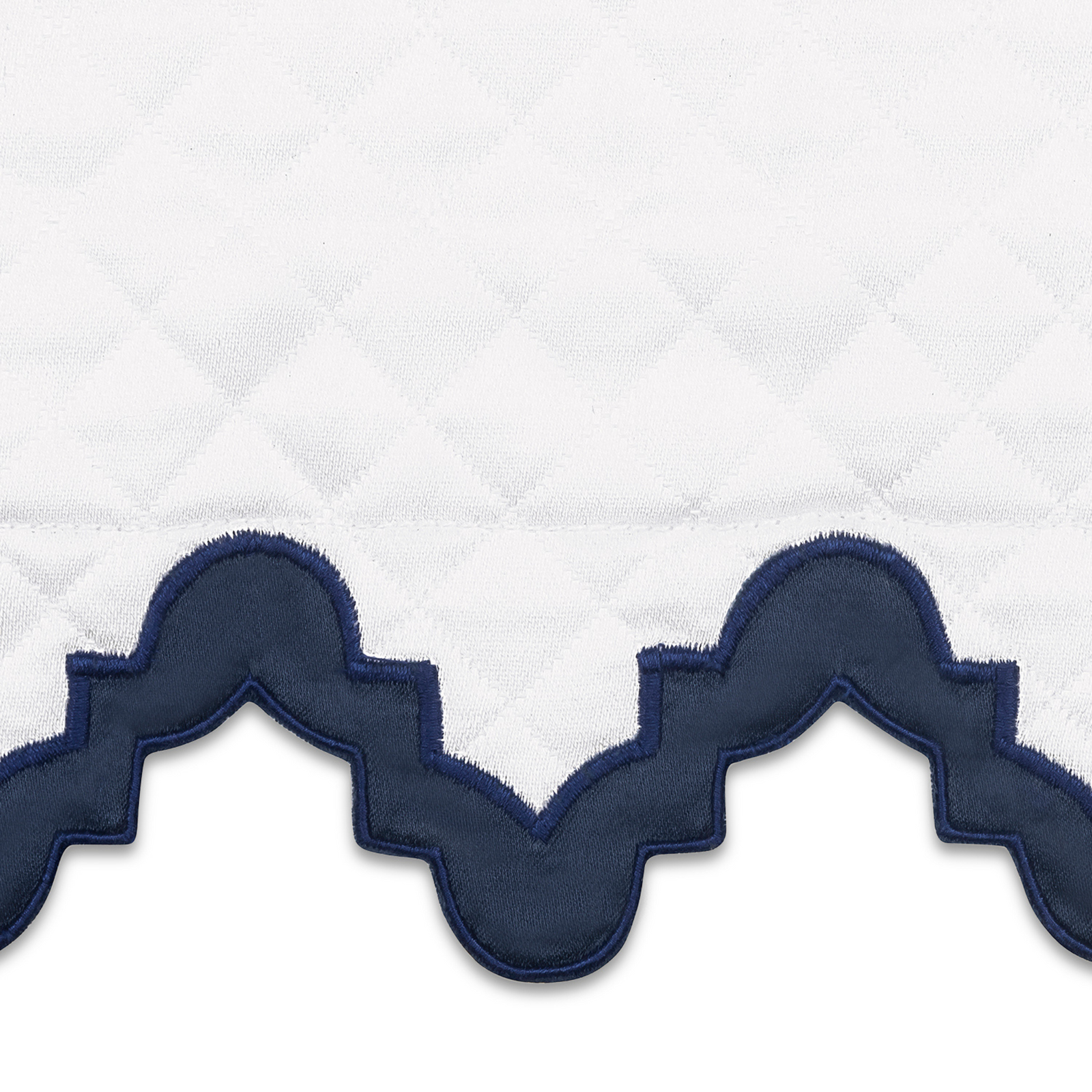 Horizontal View of Matouk Aziza Matelassé Bedding Collection with Swatch in Navy Color