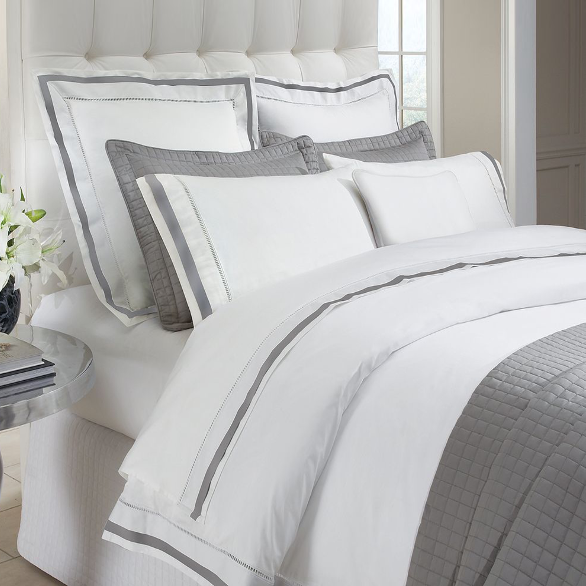 Lifestyle View of Downtown Company Chelsea Bedding in White Gray Color