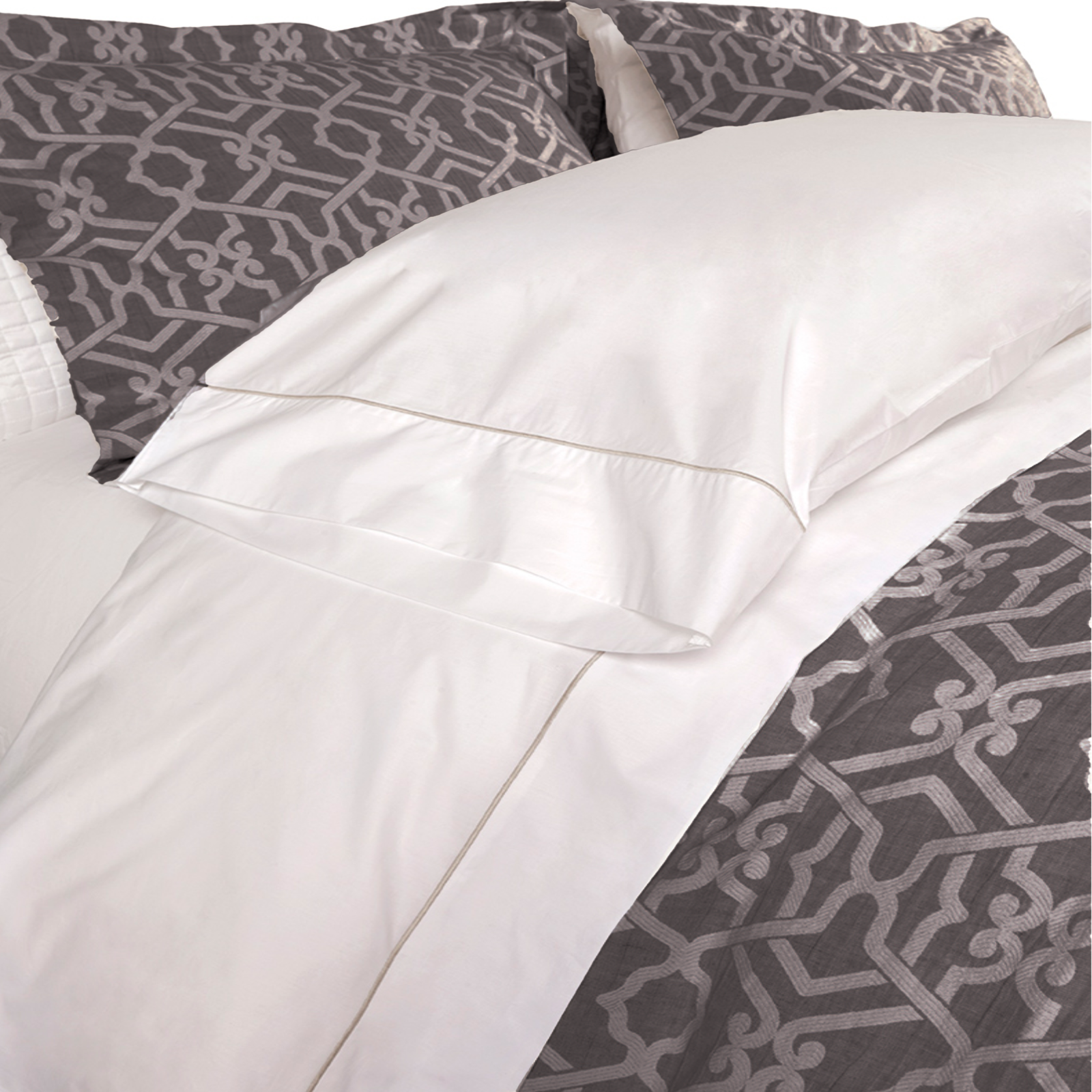 Full Bed Dressed in Downtown Company Taylor Bedding in Taupe Color with Gray Swatch