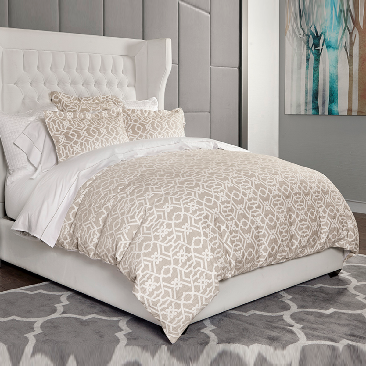 Full Bed Dressed in Downtown Company Taylor Bedding in Taupe Color
