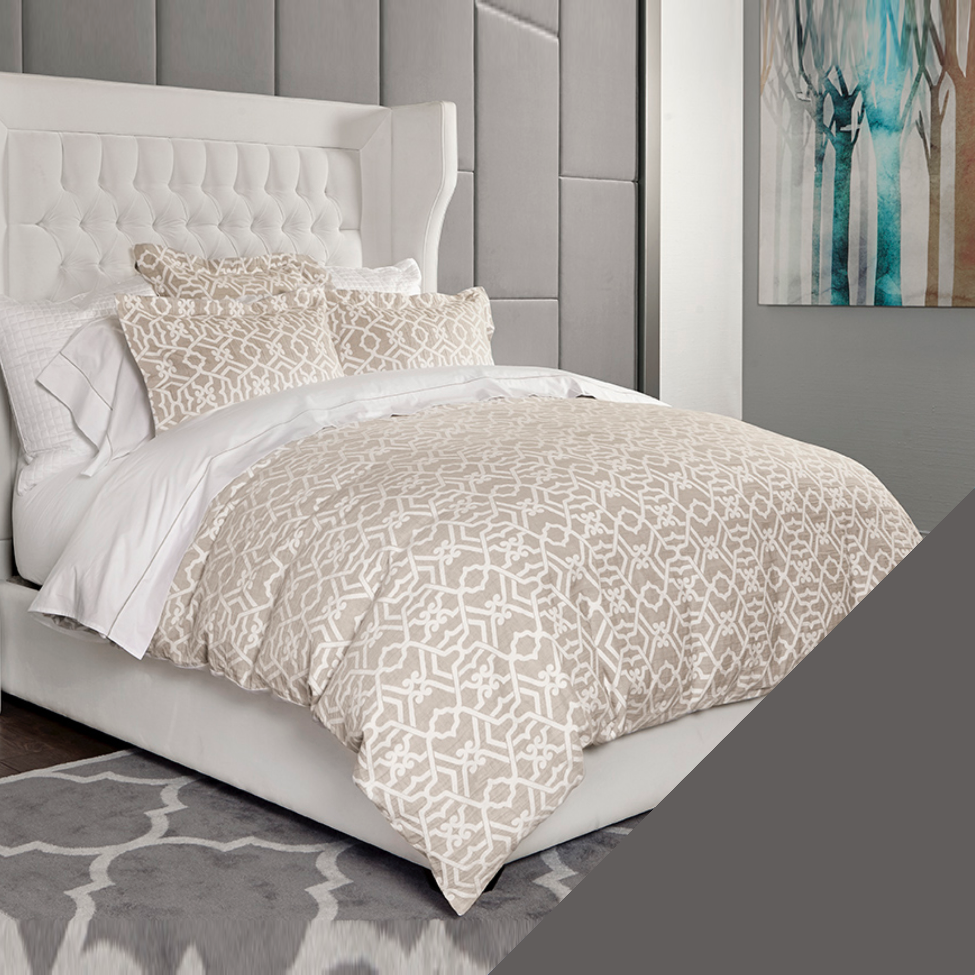 Full Bed Dressed in Downtown Company Taylor Bedding in Taupe Color with Gray Swatch
