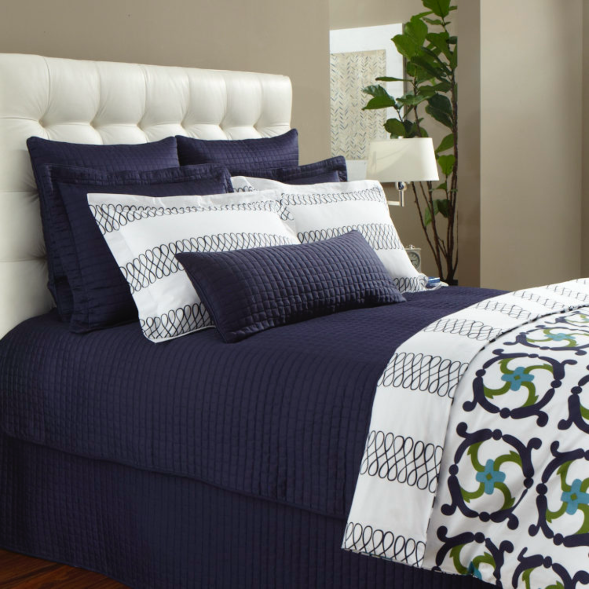 Full Bed in Downtown Company Urban Quilted Coverlets and Shams in Navy Color with Coordinate