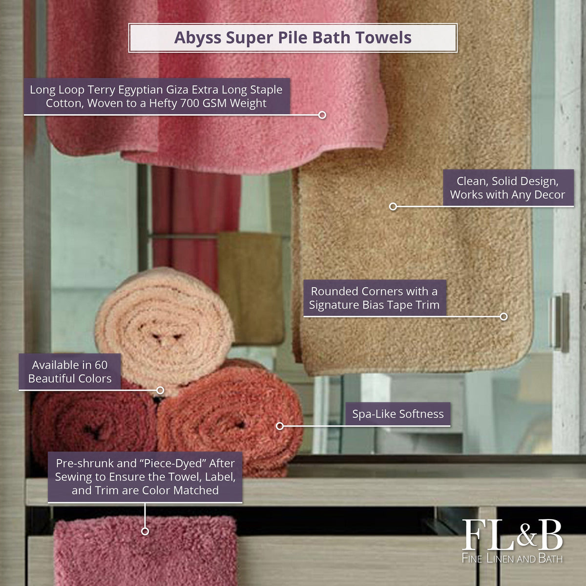 Rolls and Hanging Abyss Super Pile Bath Towels of Different Colors with Descriptive Labels