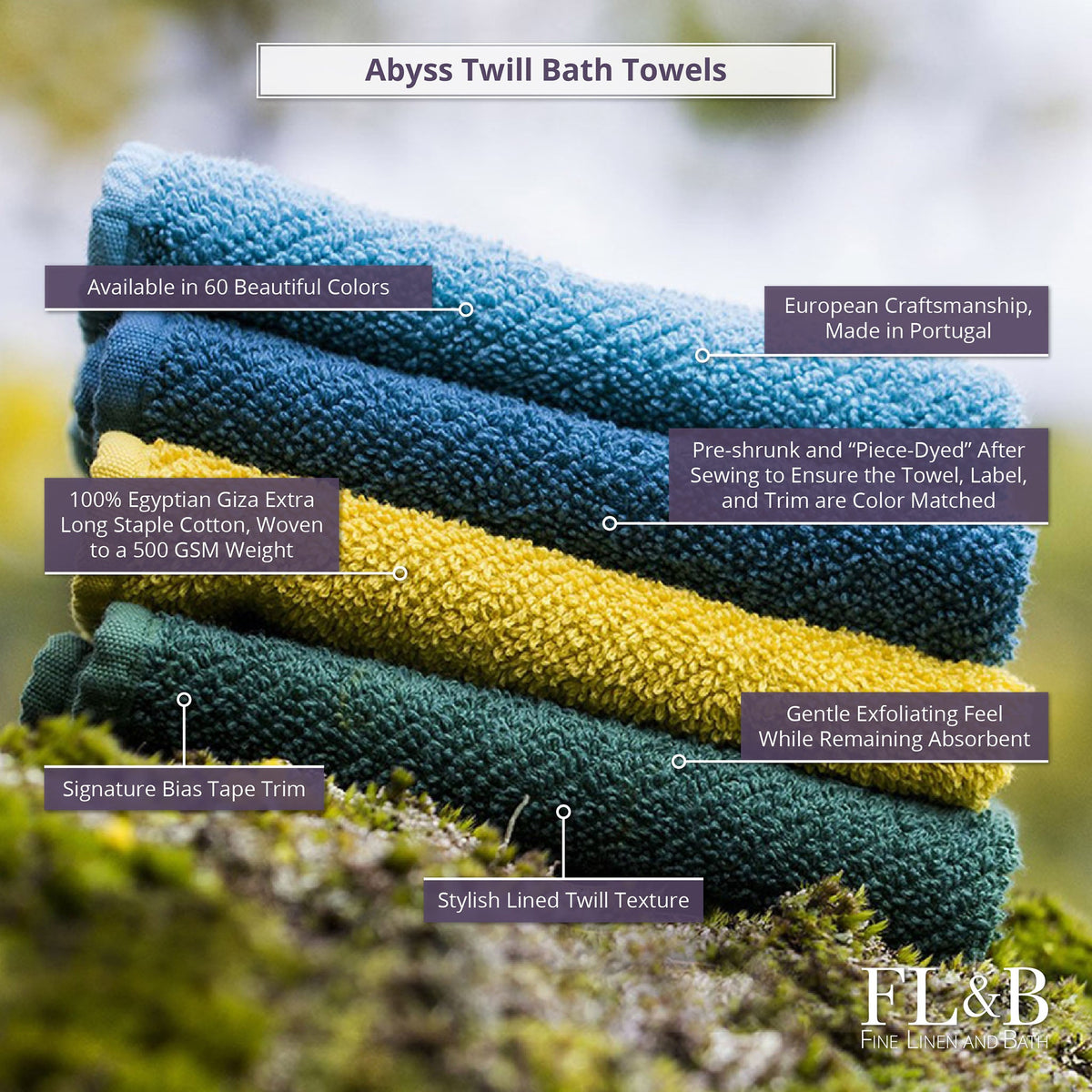 Abyss Twill Bath Towels Folded and Stacked Assorted Colors with Descriptive Labels