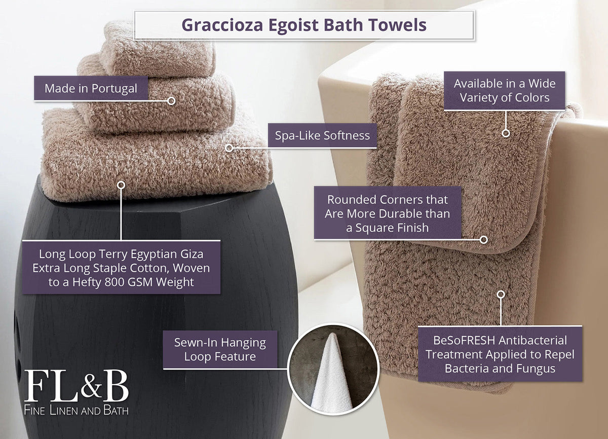 Graccioza Egoist Bath Towels Folded and Hung with Descriptive Labels