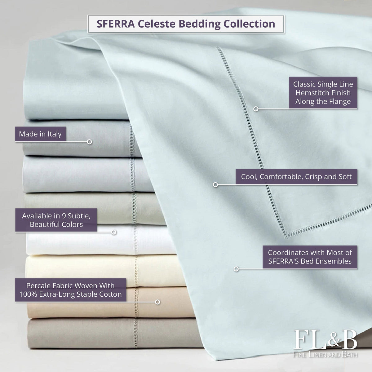 Sferra Celeste Bedding Sheets Folded and Stacked Assorted Colors with Descriptive Labels