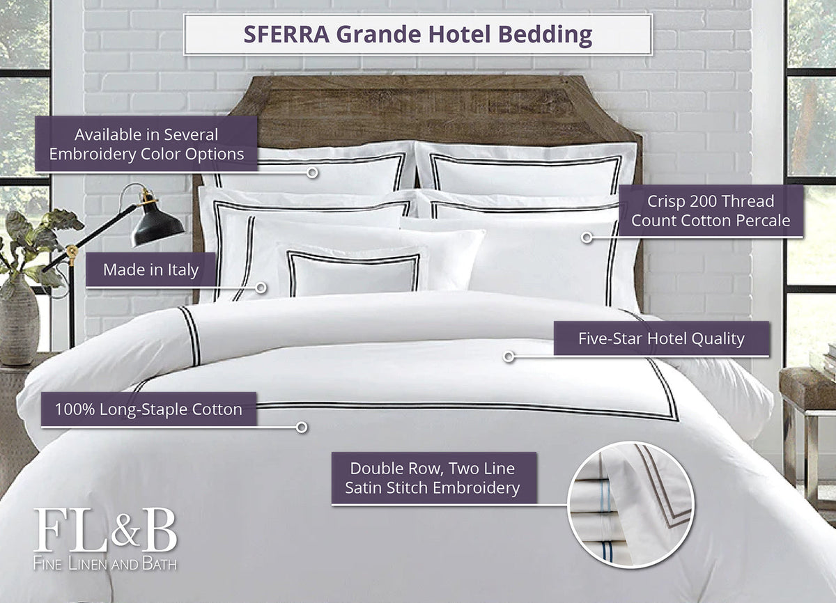 Sferra Grande Hotel Collection Pillows Sheets Linens on Bed in Bedroom with Descriptive Labels