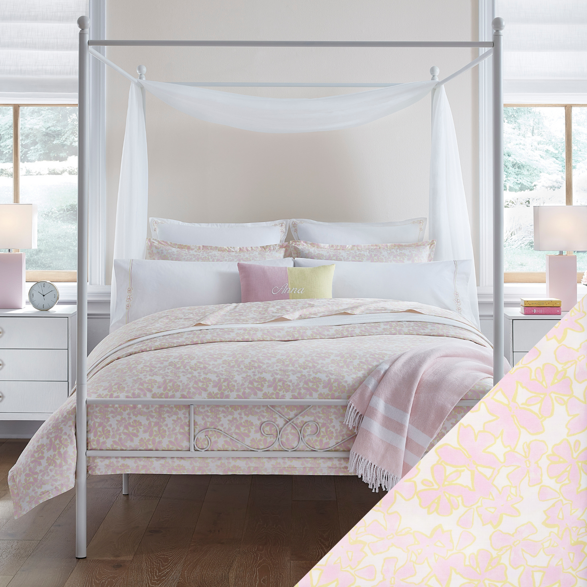 Full Lifestyle Image of Sferra Prato Bedding with Swatch of Carnation