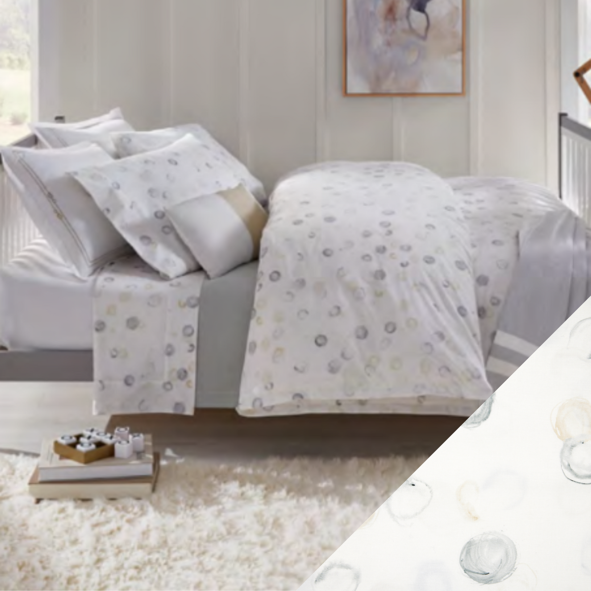 Sferra Punti Bedding Full Lifestyle Image of with Swatch Platinum