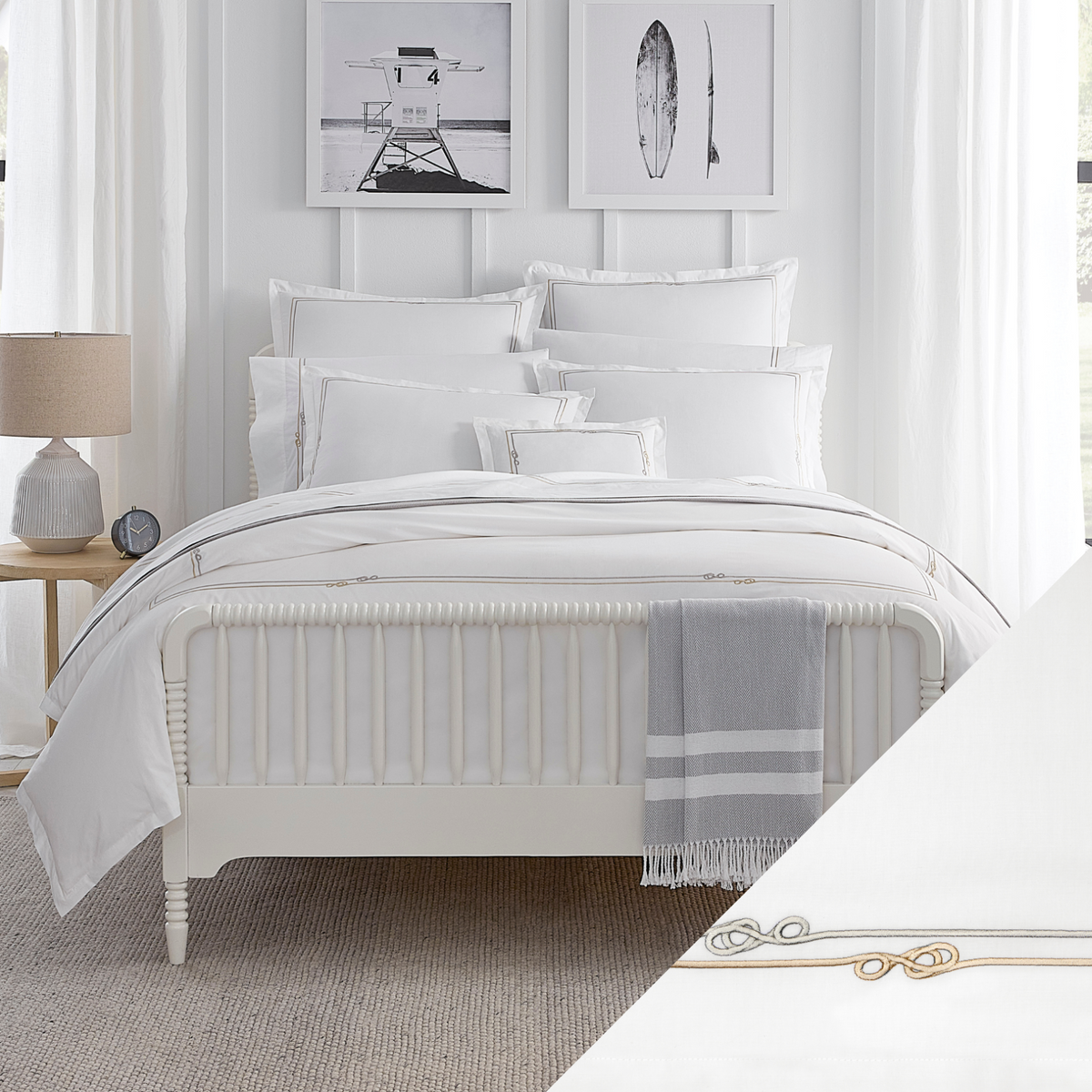Full Lifestyle Image of Sferra Squillo Bedding with Swatch of White/Platinum
