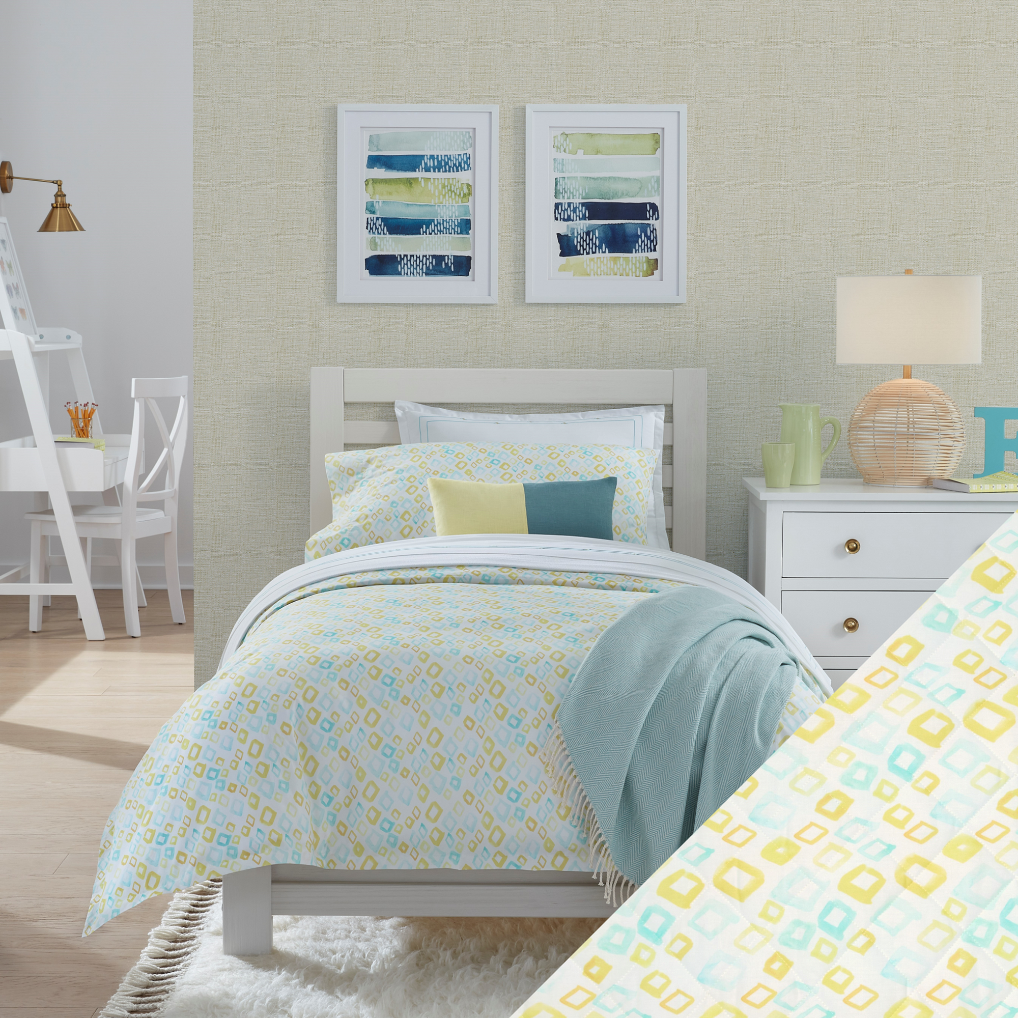 Full Lifestyle Image of Sferra Geometrico Bedding with Swatch of Aqua