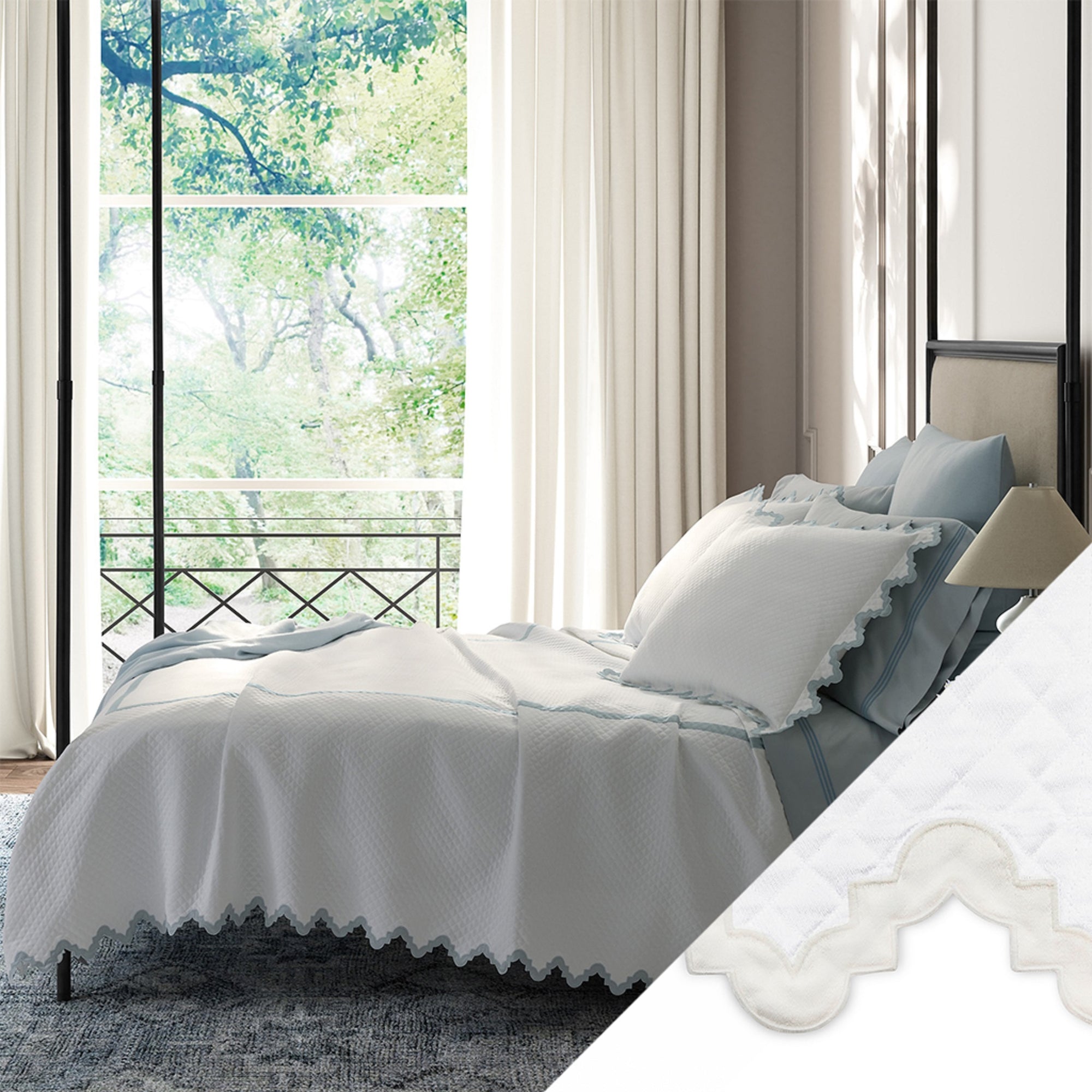 Horizontal View of Matouk Aziza Matelassé Bedding Collection with Swatch in Bone Color