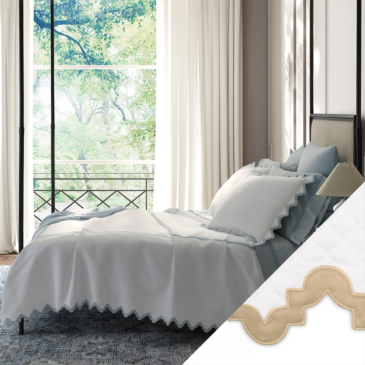 Horizontal View of Matouk Aziza Matelassé Bedding Collection with Swatch in Champagne Color