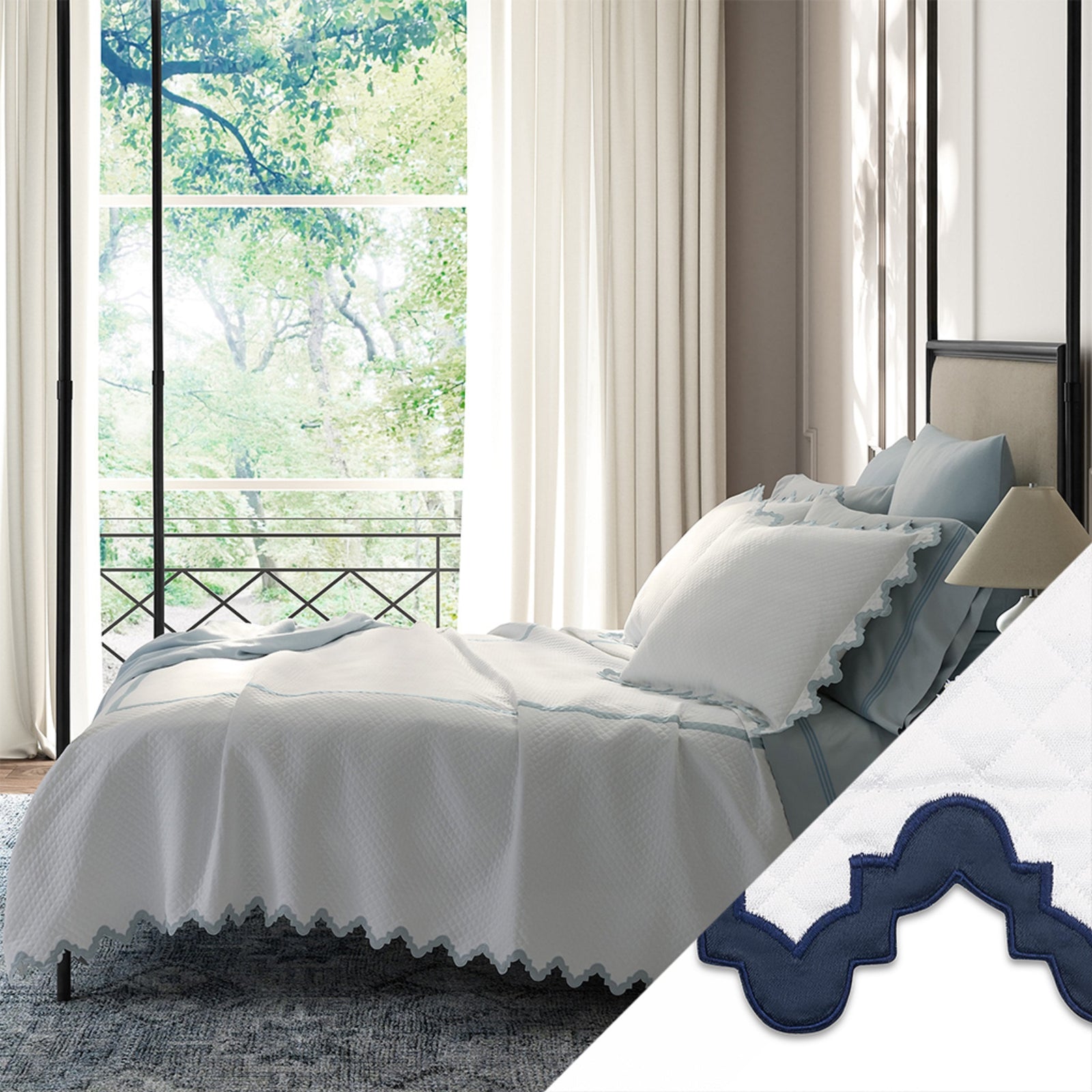 Horizontal View of Matouk Aziza Matelassé Bedding Collection with Swatch in Navy Color