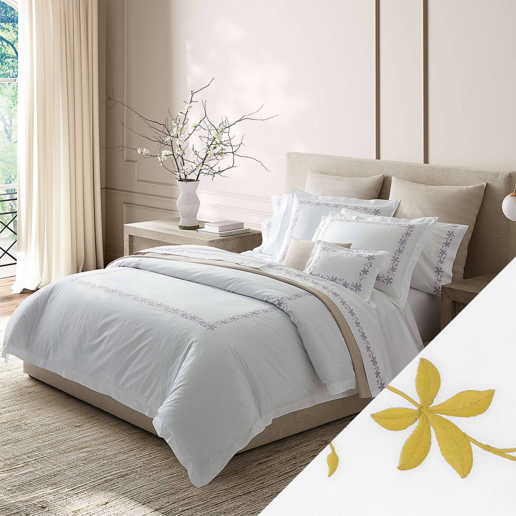 Horizontal View of Matouk Callista Bedding Collection with Swatch in Lemon Color