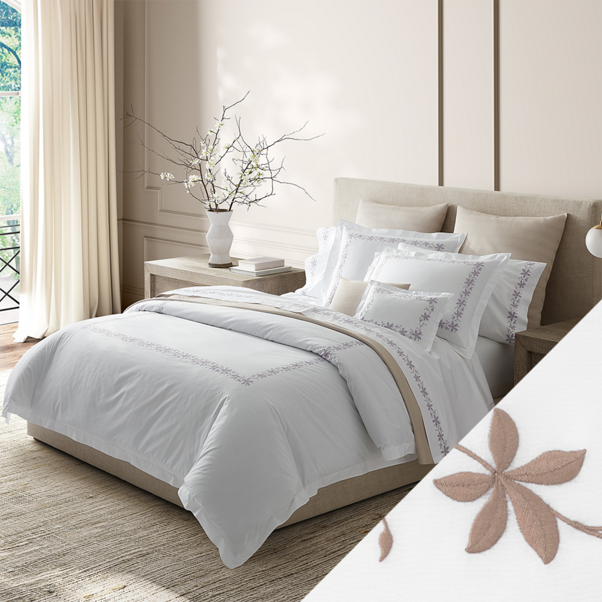 Horizontal View of Matouk Callista Bedding Collection with Swatch in Shell Color