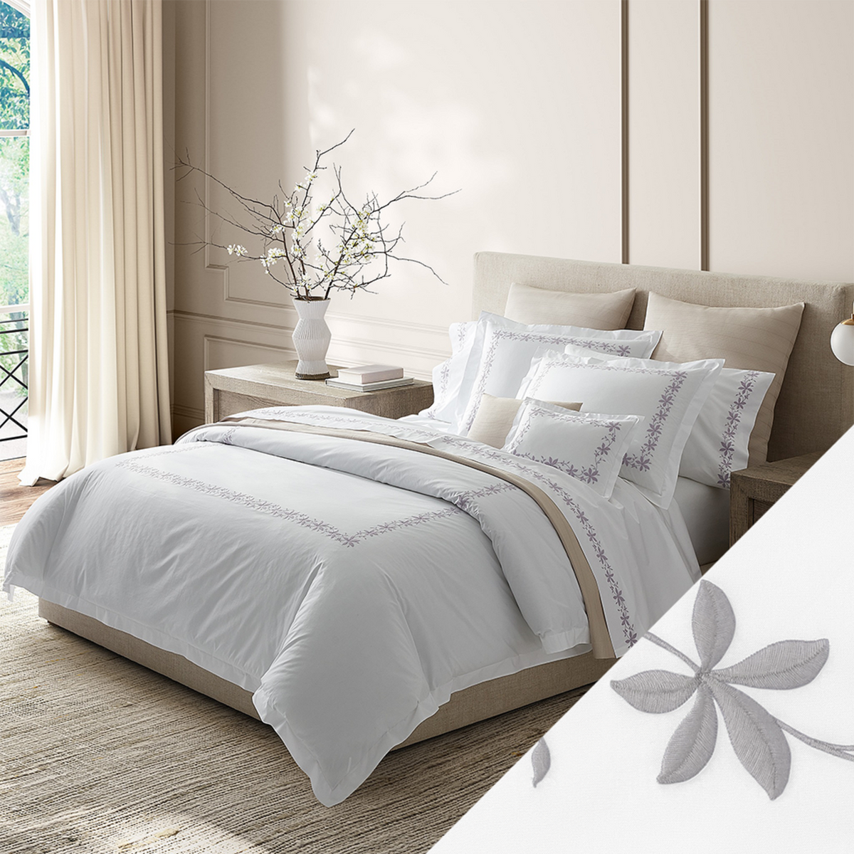 Horizontal View of Matouk Callista Bedding Collection with Swatch in Silver Color