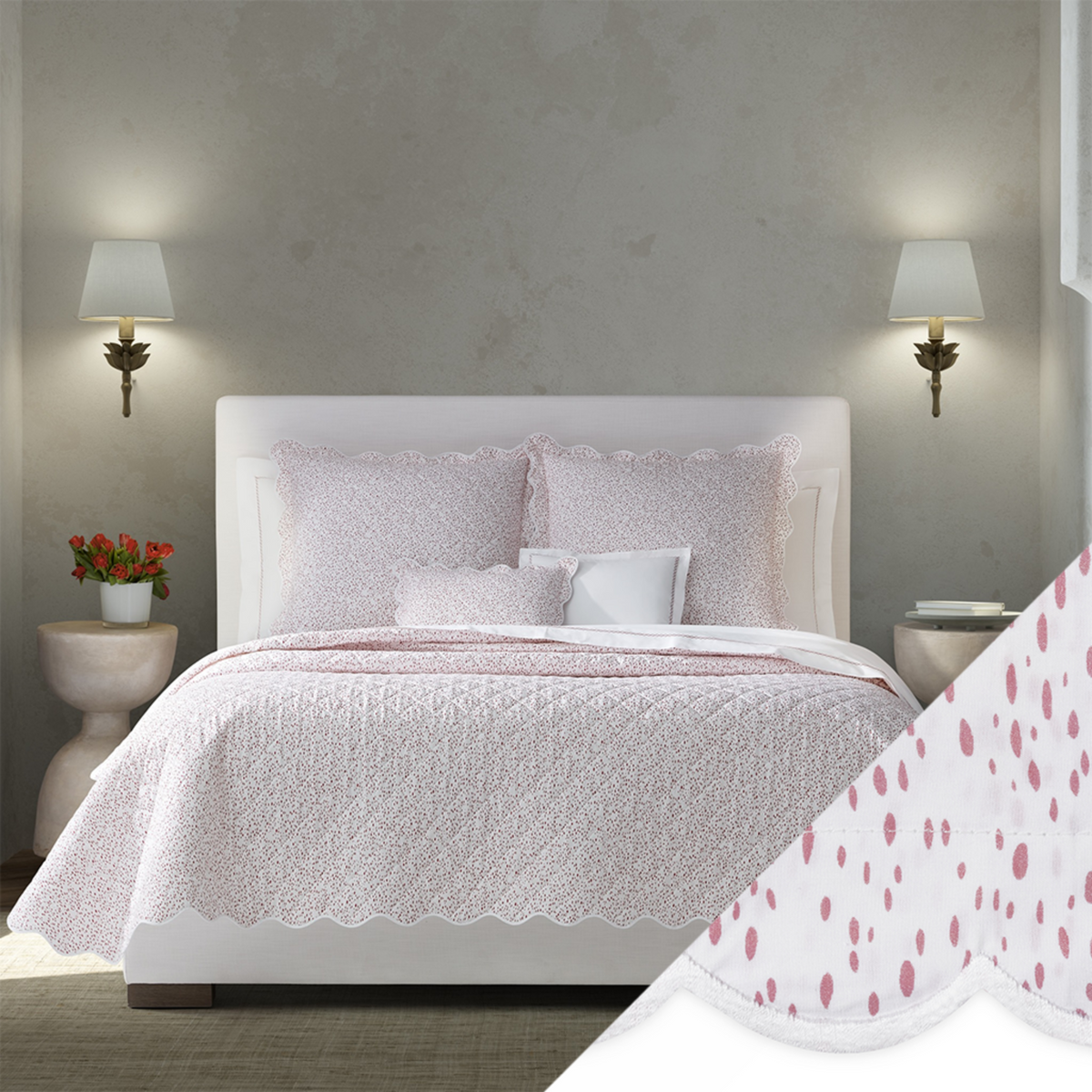 Full Bed Dressed in Matouk Celine Bedding with Swatch in Pink Color