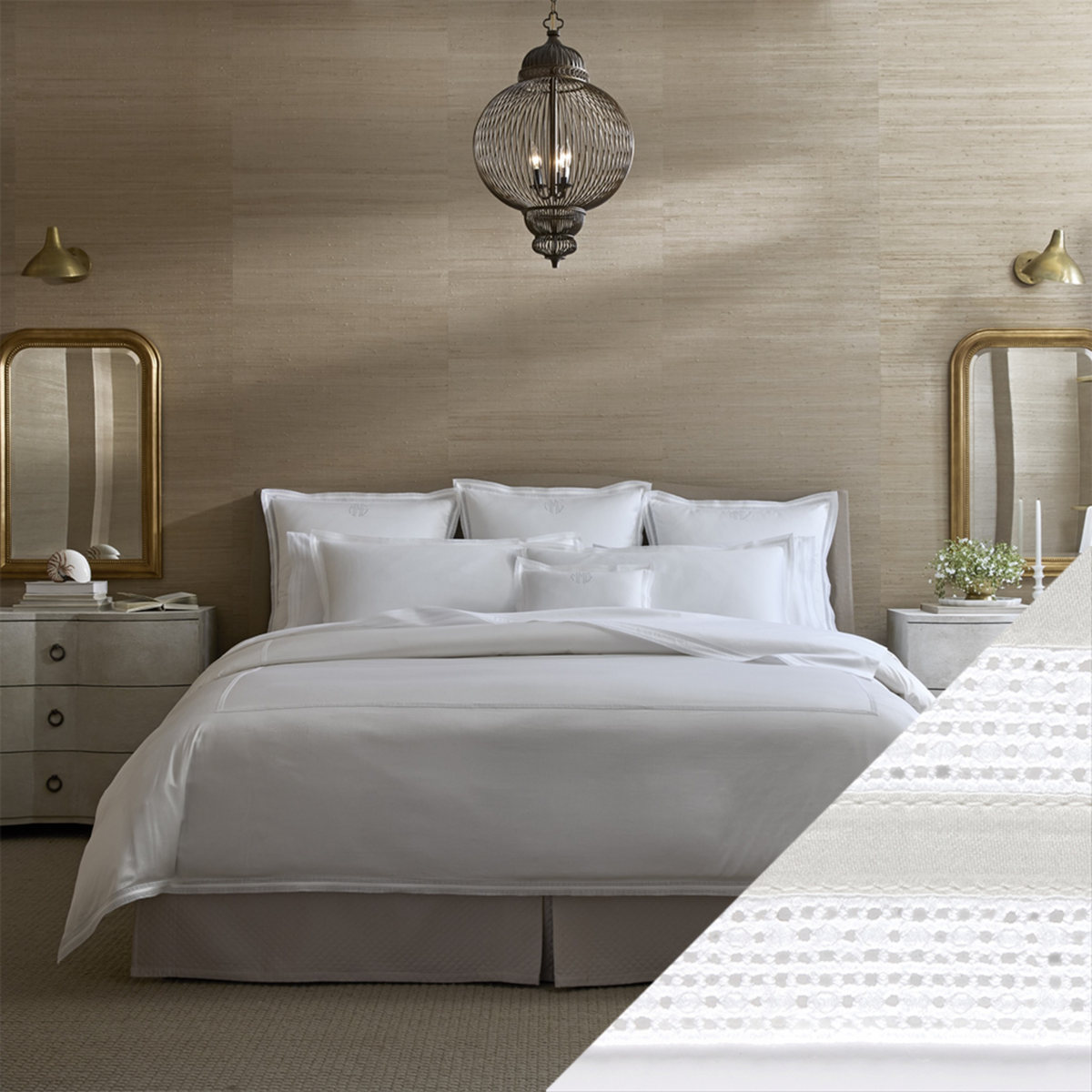 Full Bed Dressed in Matouk Grace Bedding with Swatch in Silver Color