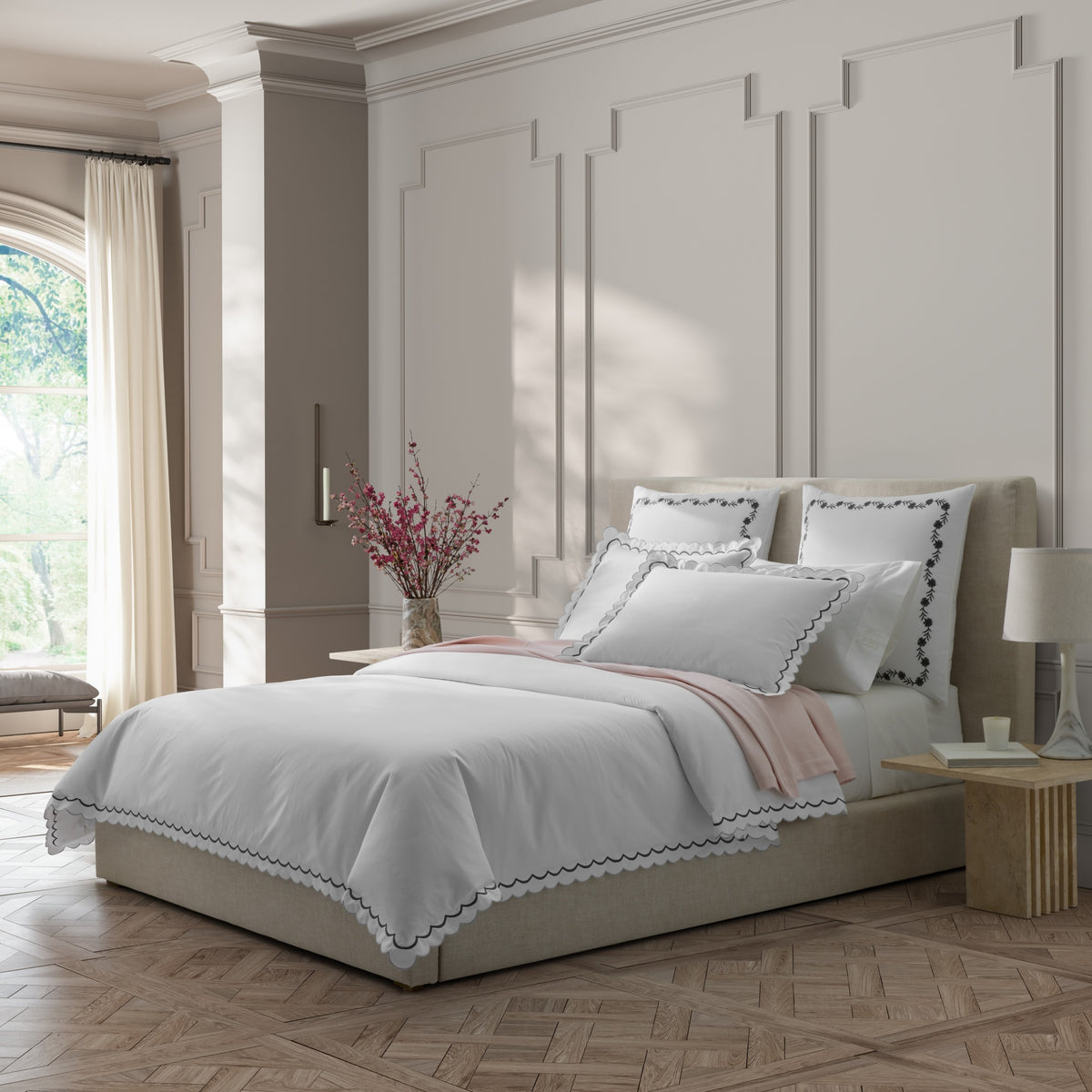 Full Bed Dressed in Matouk Bryant Bedding in Charcoal Color