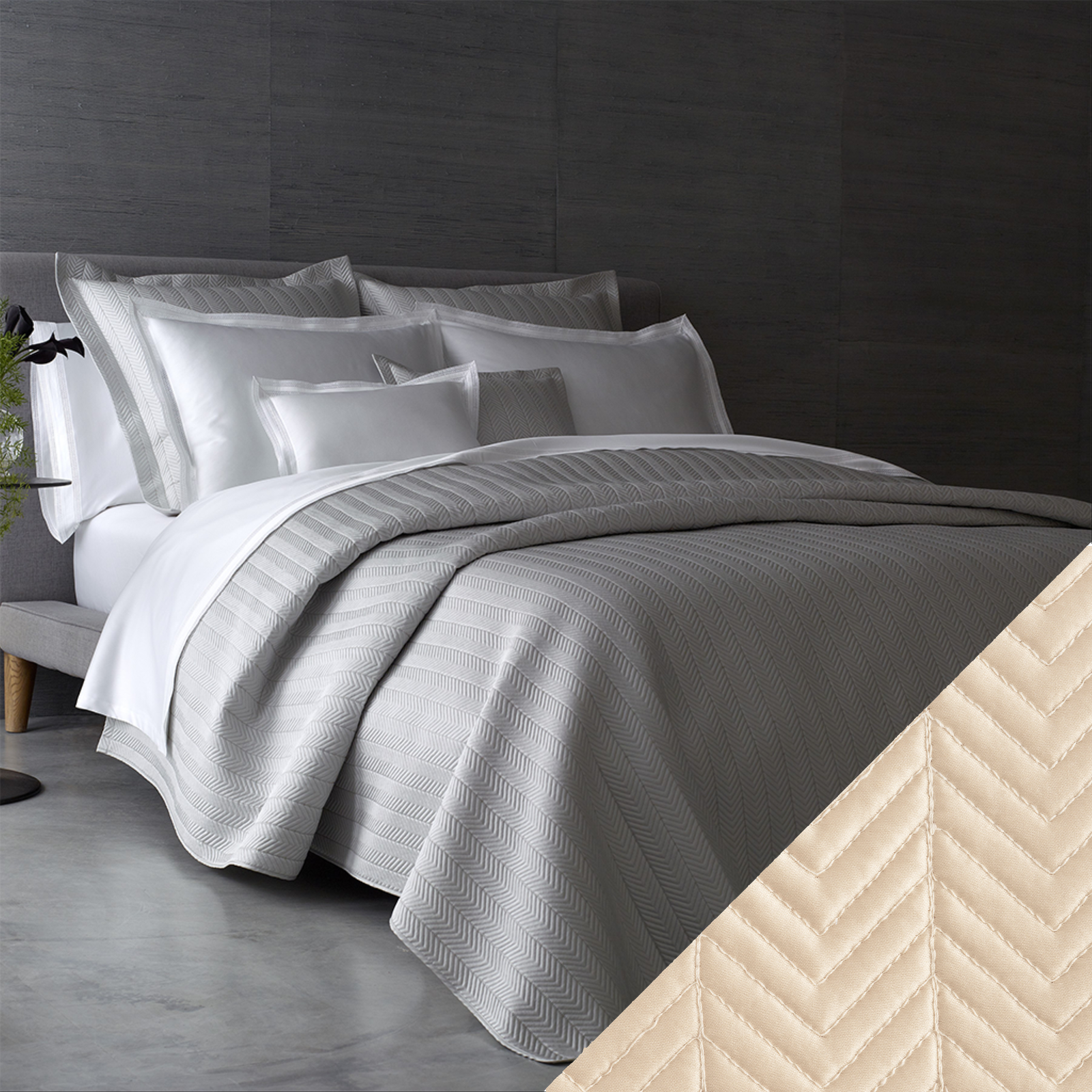 Full Bed Dressed in Matouk Netto Bedding with Swatch in Dune Color