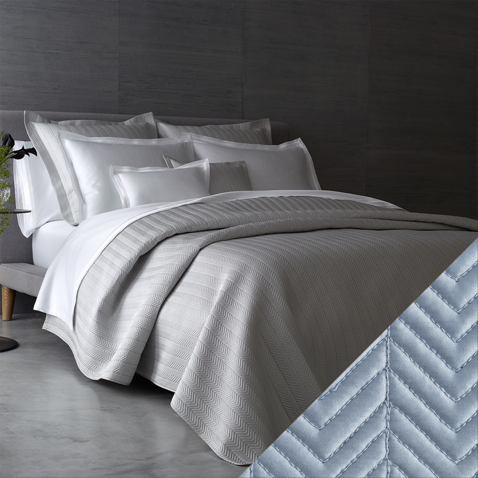 Full Bed Dressed in Matouk Netto Bedding with Swatch in Hazy Blue Color