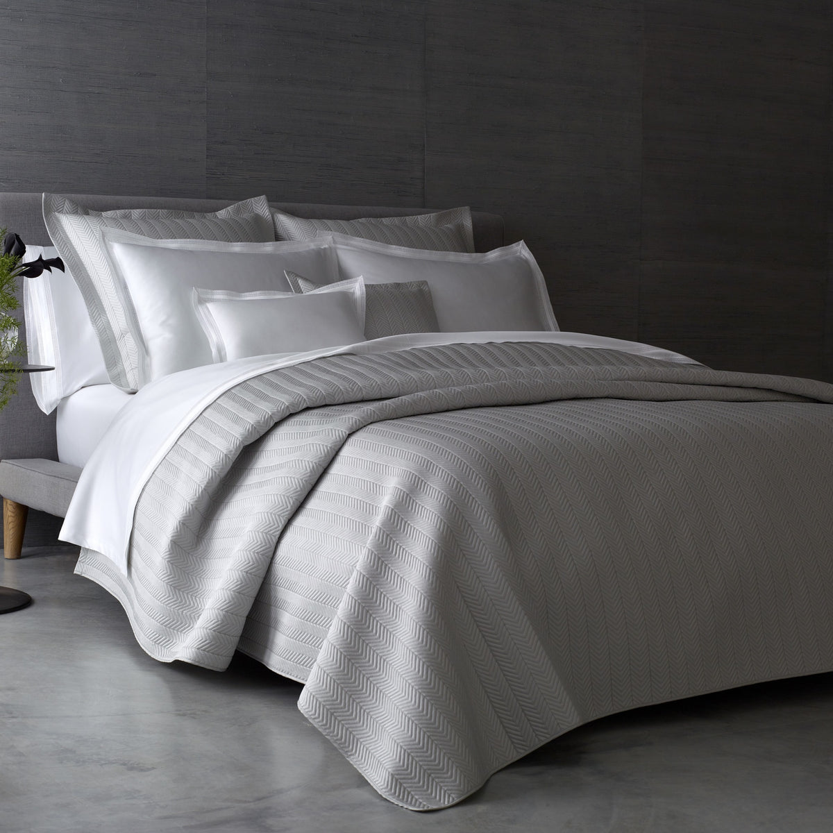Full Bed Dressed in Matouk Netto Bedding with Silver Color