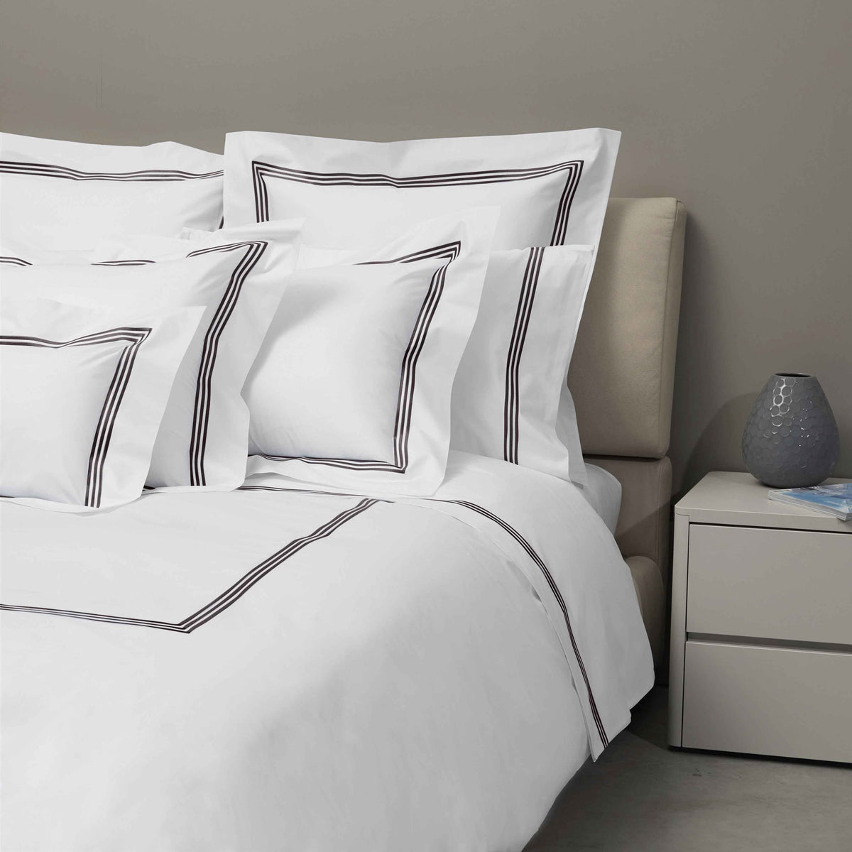 Bed Dressed in Signoria Platinum Percale Bedding in White/Espresso Color