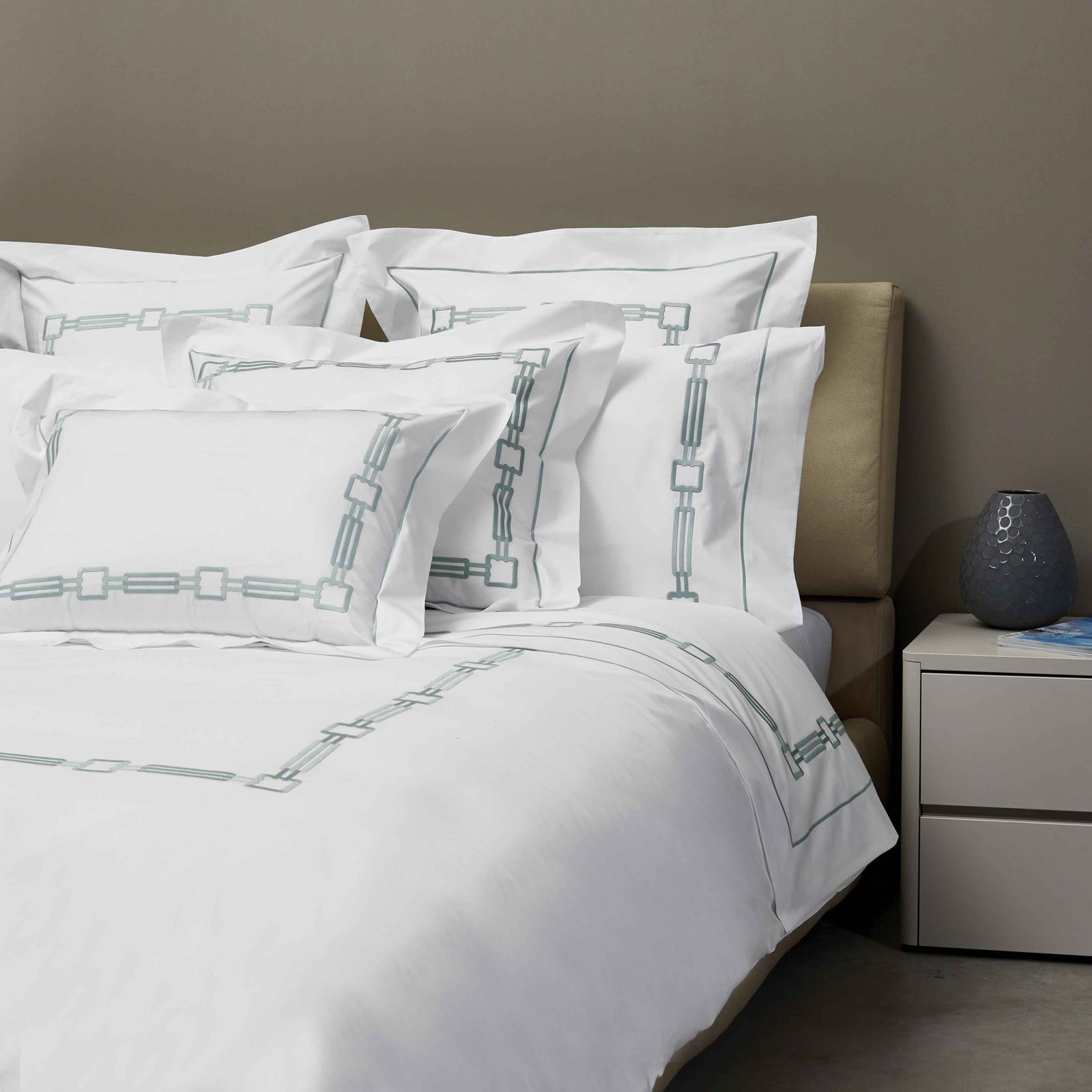 Closeup View of Signoria Retrò Bedding in White/Silver Sage Color